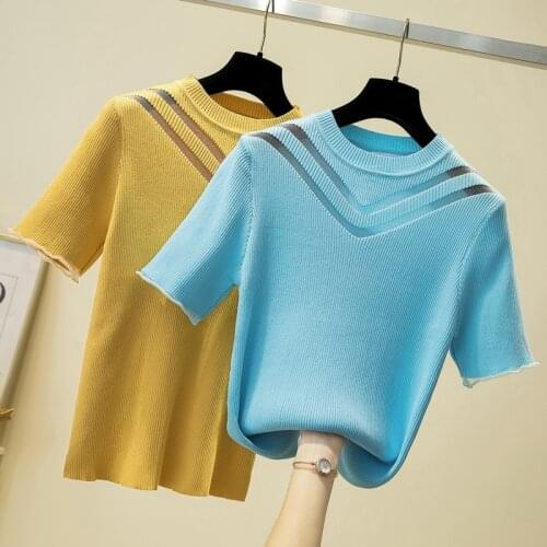 L-4XL plus size women Summer sweater 2021 short sleeve o neck sexy Patchwork kint Oversized thin pullovers chic basic top