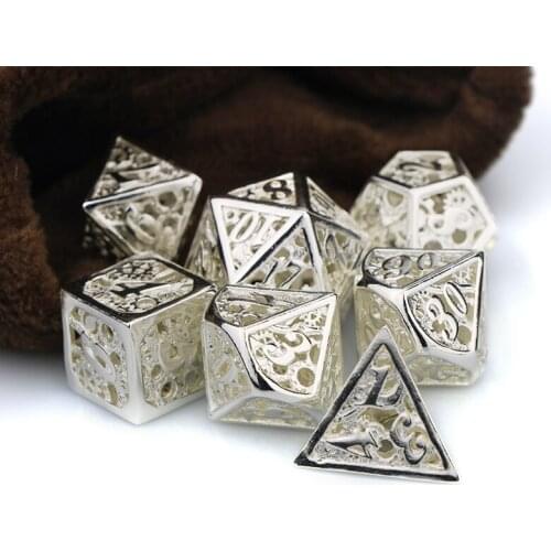 Metal dnd dice set Hollow out dice set mechanical dungeon and dragon rpg d&d white polyhedral dice with bag D20 D12 D10 D8 D6 D4