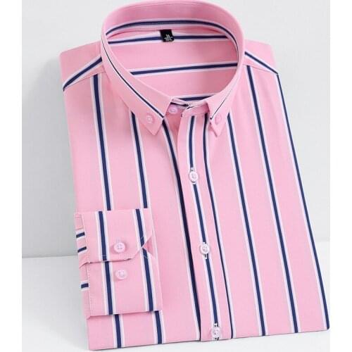 Men Clothing Dress Shirts Long Sleeve Striped Dress Shirts Smart Casual Smooth Material Standard-fit Youthful Button-down Shirt