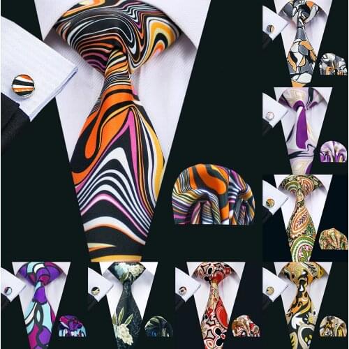 Men Tie Printed New Necktie Gravata Neckwear Barry.Wang Fashion Hanky Cufflink Set Ties For Men Wedding Party Business US-1277