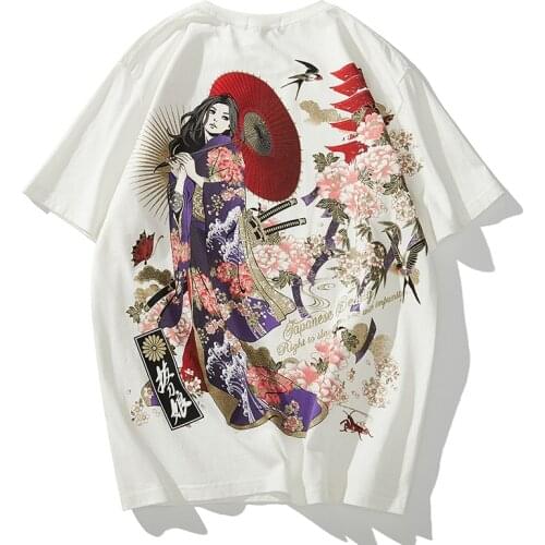 2020 new Japanese fashion brand Ukiyo-e breathable printing wind and snow beauty warrior cotton short-sleeved T-shirt men