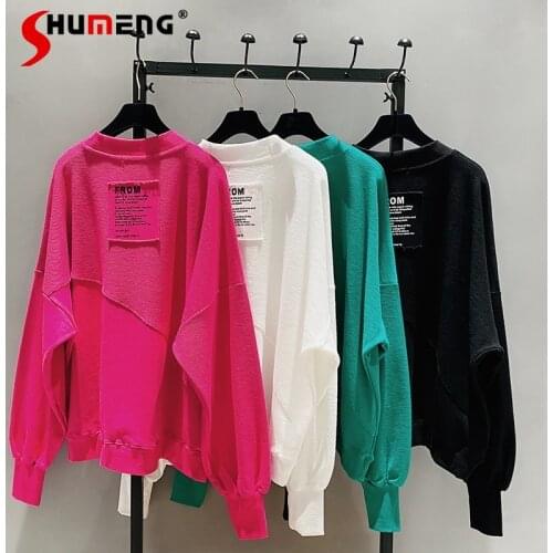 2021 New Spring Autumn Loose Korean Style Loose Women Top Cotton Ins Hoodie Round Neck Simple Pullover Sweatshirt