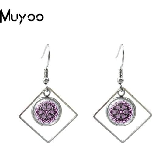 New Arrival Flower of Life Rhombus Dangles Earrings Om Yoga Chakra Mandala Fashion Glass Dome Holy Geometry Fish Hook Earrings