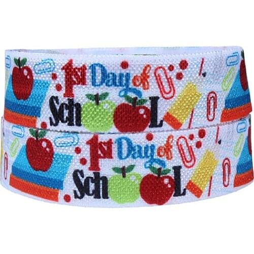Wholesale school kids foe ribbon, 5/8" 1st day of school theme printed fold over elastic