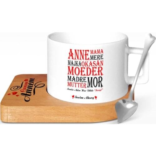 Personalized Your Name In Any Language Love Design Wood Altlıklı Ceramic Cup-1