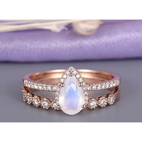 Luxury 2 Pieces/Set Rose Gold Rings For Women Ladies Wedding Engagement Ring Gift Classical Charming Crystal Zircon Ring Jewelry