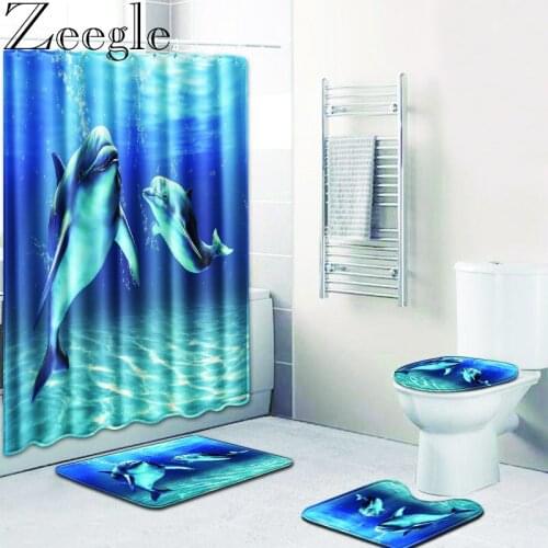 4 Pcs Dolphin Printed Shower Curtain Bath Rug Set Toilet Cover Bath Mat Bathroom Waterproof Polyester Curtains Bathroom Carpet