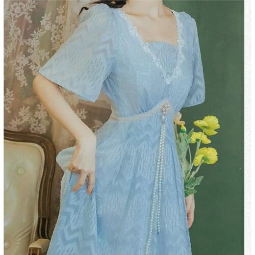 High Quality Chiffon Dresses Summer Blue Gentle Wind Sweet Fairy Dress High Waist Beade chic Design Sense Niche Retro Midi Dress