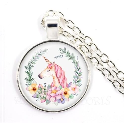 Unicorn Kawaii Horses 25mm Glass Dome Cabochon Necklace Jewely Flower Garland Panter Animal Pendant Sweaterchain For Women Kids