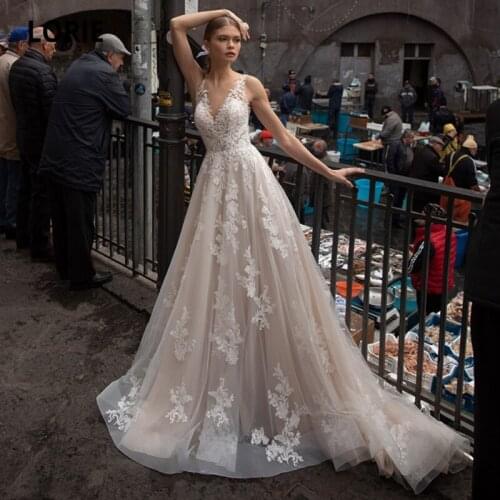 LORIE Boho Wedding Dress Champagne V-Neck Appliques Lace A-Line Princess Elegant Tulle Bridal Dress Bohemian Wedding Gown 2021