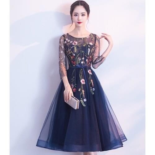Navy Blue Embroidery Lace Party Evening Dress Female Fashion Elegant Mid-length Model Host Slim Birthday Banquet Prom Dress A140