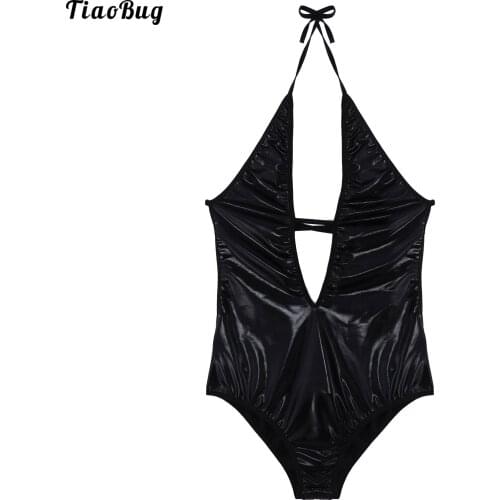 TiaoBug Women Plus Size One-Piece Jumpsuit Lingerie Deep V Neck Halter Neck Straps Self Tie Back Cross Straps Adorned Bodysuit