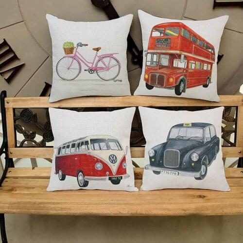 Vintage Car Paris Buses Taxi Pattern Print Sofa Throw Pillows Cushion Cotton Linen Home Decoration Pillowcase Cojines almofada