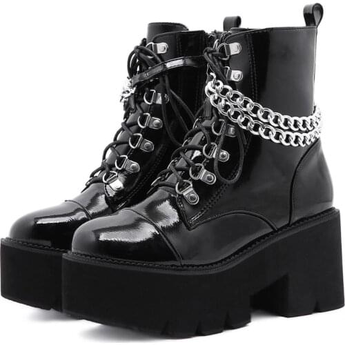 FANAN Gothic Platform Boots for Women Ankle Booties with Chunky Heel Sexy Chain Zipper Patent Leather Motorcycle Boots Black