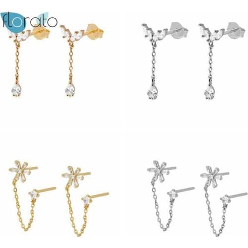 925 Sterling Silver Dangle Tassel Stud Earrings for Women Minimalist Crystal Flower Earrings for Girls Party Wedding Jewelry