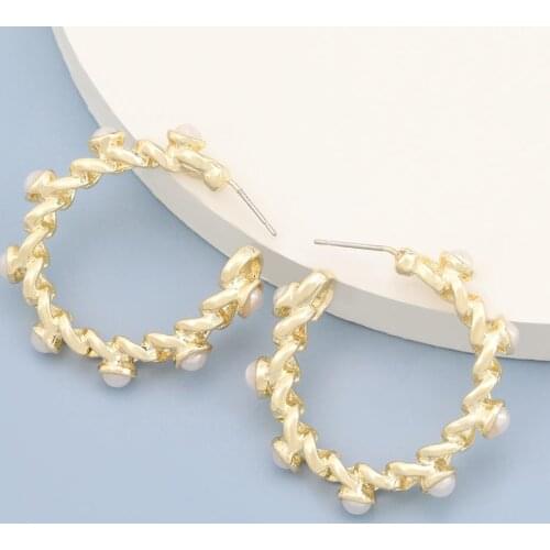 Korean New Elegant Pearl Gold Chain Hoop Earrings For Women Romantic Circle Handmade Jewelry Charm Wedding Brincos Gifts