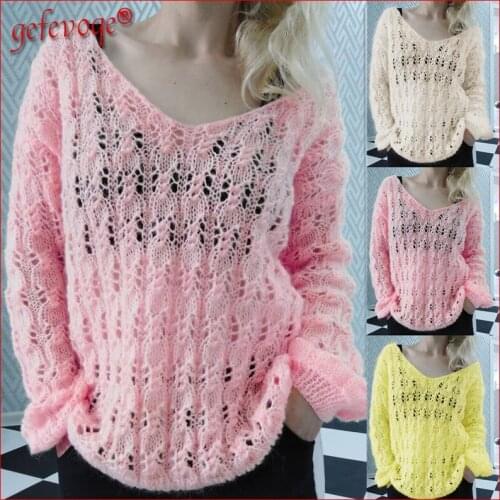 2021 new Autumn Winter Womens Clothing Sexy Hollow Out V-Neck Long Sleeve Knitted Sweater Solid Casual Pullover Knit Top Female