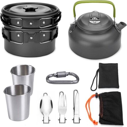 1 Set Camping Cookware Pot Pan Kettle Camping Supplies with 2 Cups Fork Knife Spoon Dishes For Hike Tourism Picnic Set Equipment
