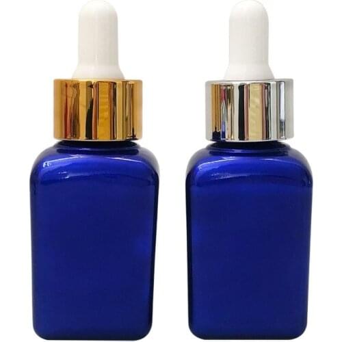 30ml Blue Square Glass Dropper Refillable Bottle Gold Silver Ring White Top Cosmetic Packaging Empty Essential Oil Vials 15pcs