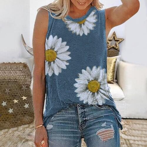 5XL Women Daisy Printed Blouses Summer Tank Tops Sleeveless O-neck Shirts Graphic Blouse roupas femininas рубашка женская