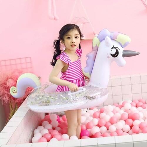 Shiny Rainbow Unicorn Children Inflatable Seat Float Flamingo Swimming Ring Baby Kids Gift Summer Party Pool Toys Beach Party