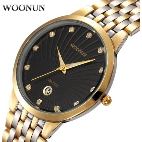 WOONUN Mens Watches Top Brand Luxury Quartz Diamond Watches For Men Gold Watch Men Stainless Steel Ultra Thin Relogio Masculino