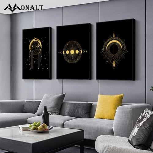 Black and Gold Sun Moon Stars Constellation Abstract Painting Art Canvas Print Decor Wall Posters Nordic Home Decoration Picture