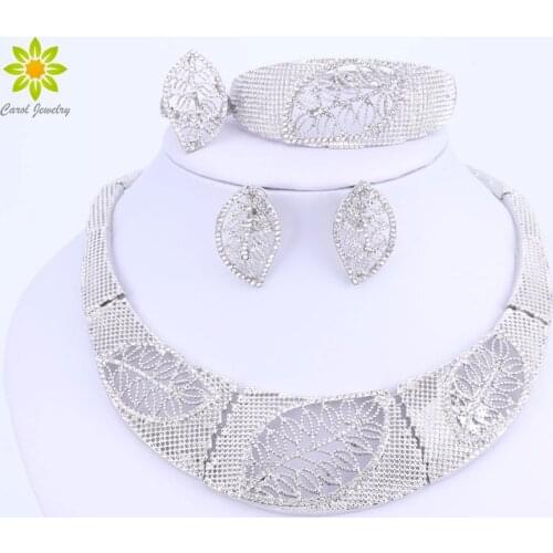 Dubai Wedding Fashion Silver Color Jewelry Set For Women Leaves Design Crystal Necklace Set Jewelry Accessories