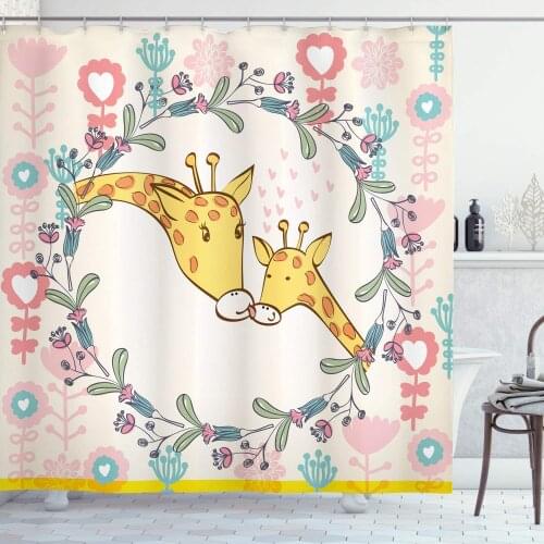 Giraffe Shower Curtain Set Cartoon Mom and Kid Animal Figures Surrounded by Floral Ornaments Heart Shapes Flowers Love