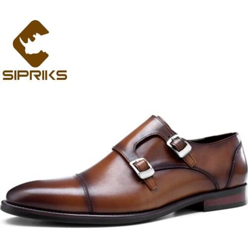 Sipriks Genuine Leather Navy Blue Double Monk Straps Shoes Mens Boss Retro Classic Church Shoes Black Brown Business Gents Suit