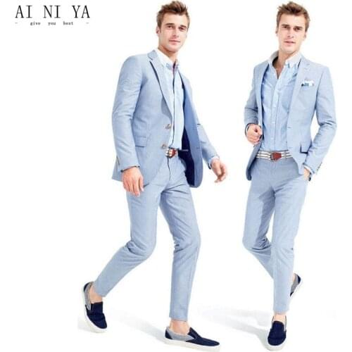 Fashion Men Suits Slim Fit 2 Piece Party Suits Light Sky Blue Groom Tuxedos Groomsmen Formal Suit Jacket+Pants Custom Made