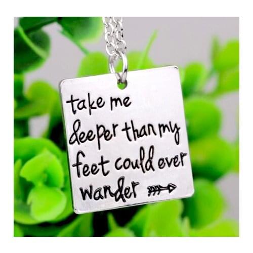 N211 take me deeper than my feet could ever wander Square letter necklace Oceans song lyrics Christian jewelry baptism gift