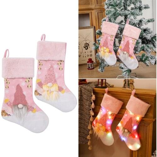 2022 New Year Christmas Glow Pink Stocking Sack Xmas Gift Candy Bag Noel Christmas Tree Decor For Home Navidad Sock Hanging Deco
