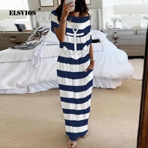 2020 Summer New Fashion Striped Strapless Dress Loose Round Neck Short Sleeve Long Dress Casual Elegant Moon Star Printing Dress