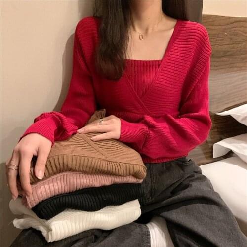 Woman Sweaters 2021 Spring Autumn New Sexy Stylish Wild Halter V Neck Loose Shoulder Fake Two Korean Short Fashion Sweater Women