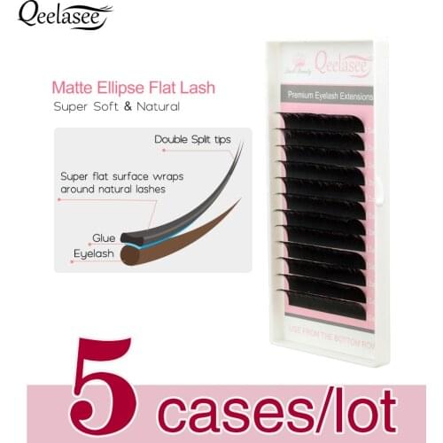 Qeelasee Matte Flat Ellipse Eyelashes with Split Tips Ellipse Shape Eyelash Extensions Lighter Flat Eyelash Makeup Tools