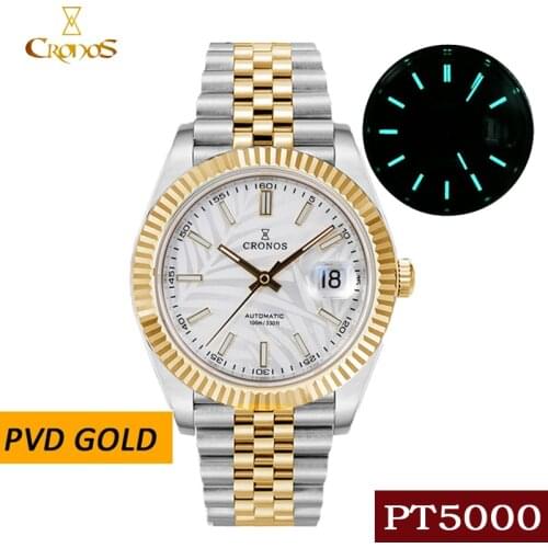 Cronos Date Luxury Men Mechanical Watch PVD Golden Leaf Dial Jubilee Bracelet Copper-Nickel Plated Bezel 100m Sapphire Automatic