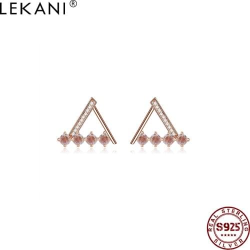 LEKANI 100% Genuine 925 Sterling Silver Jewelry Geometry Triangle Stud Earrings For Women Shining 5A Cubic Zirconia Earring