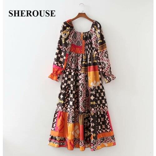 SHEROUSE 2021 Vintage Women Printed Dress Smocked Elastic Bust Long Sleeves Chic Lady Elegant Retro Midi Long Dresses Woman Robe