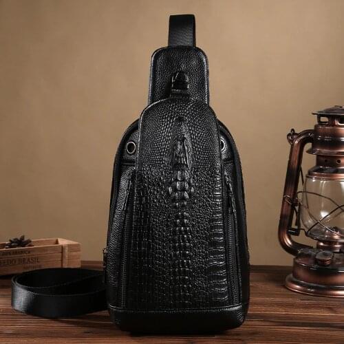 Luufan Genuine Leather Mens Crossbody Bag Cowhide Black Sling Bags Shoulder Bag For Men With Crocodile Pattern Male Chest Bags