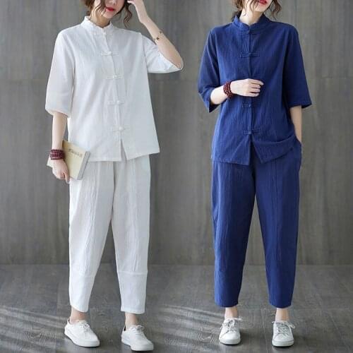 Tai Chi Kungfu Meditation Uniforms Linen Loose Women Tracksuit Sweatshirt+pant Jogger Fitness Workout Casual Yoga Outfit Set