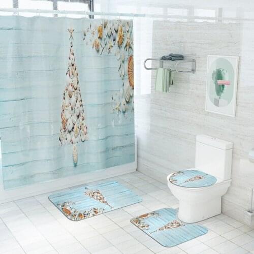Shell Umbrella Pattern Fabric Shower Curtain Wood Grain Bath Screen Bathroom Curtains Non-Slip Rugs Toilet Lid Cover Mat Carpet