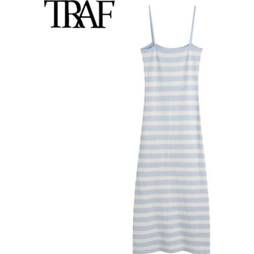 TRAF Women Chic Fashion Striped Ribbed Knit Midi Dress Vintage Sleeveless Thin Straps Female Dresses Vestidos Mujer