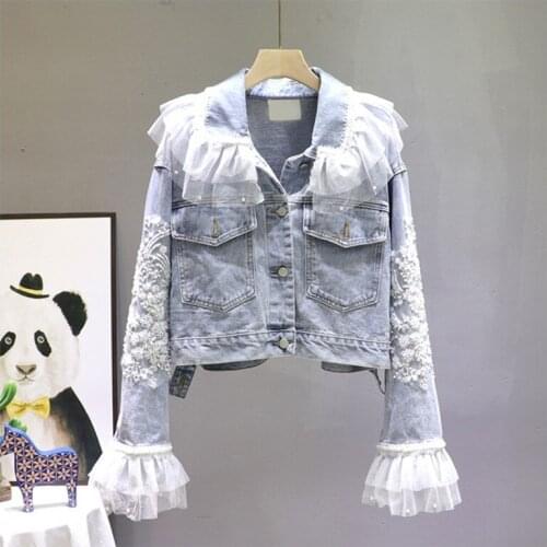 Women Sweet 2020 Sleeve Mesh Patchwork Beading Denim Jacket Womens Jackets and Coats Streetwear Embroidery Cropped Jean Jacket