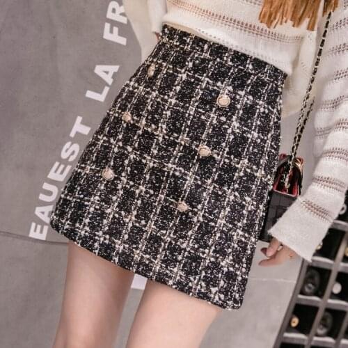 Autumn Winter Short Tweed Woolen Skirt Women Elegant Hight Waist Plaid Mini Skirts Female Double Button Faldas Mujer