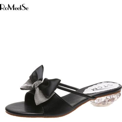 Plus Size 41 Summer Shoes Women Slippers Female Shoes Bowtie Flat Slipper Bling Slides Female Crystal Heels Zapatos mujer 8140G