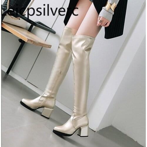 Womens Boots Autumn And Winter The New fashion Pointed zipper Thick heel High heel Womens Over the knee boots plus size 33-48