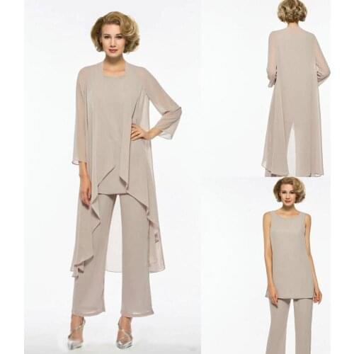 Plus Size Mother Of The Bride Pant Suit 3 Piece Chiffon for Beach Wedding Dress Mothers Dress Long Sleeves Mothers Formal Gowns