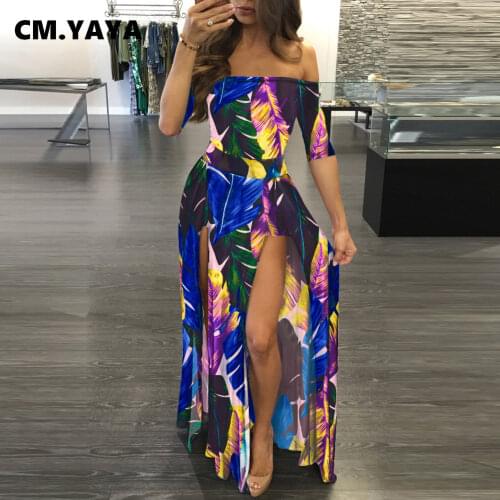 CM.YAYA Women Long Dress Print Off Shoulder Short Sleeve Fit and Flare Splited Maxi Dresses Sexy Fashion Vestidos Summer Outfits