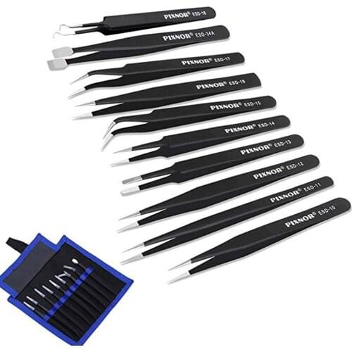10Pcs Anti-static ESD Stainless Steel Tweezers Maintenance Tools Industrial Precision Curved Straight Tweezers Repair Tools